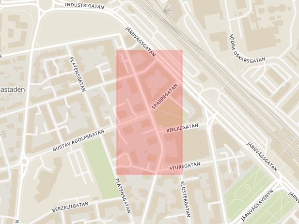 Karta som med röd fyrkant ramar in Gustav Adolfsgatan, Platensgatan, Järnvägsgatan, Sparregatan, Engelbrektsgatan, Linköping, Östergötlands län