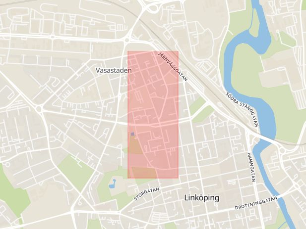 Karta som med röd fyrkant ramar in Östergötland, Platensgatan, Linköping, Skänninge, Östergötlands län