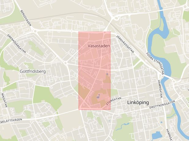 Karta som med röd fyrkant ramar in Östgötagatan, Linköping, Östergötlands län