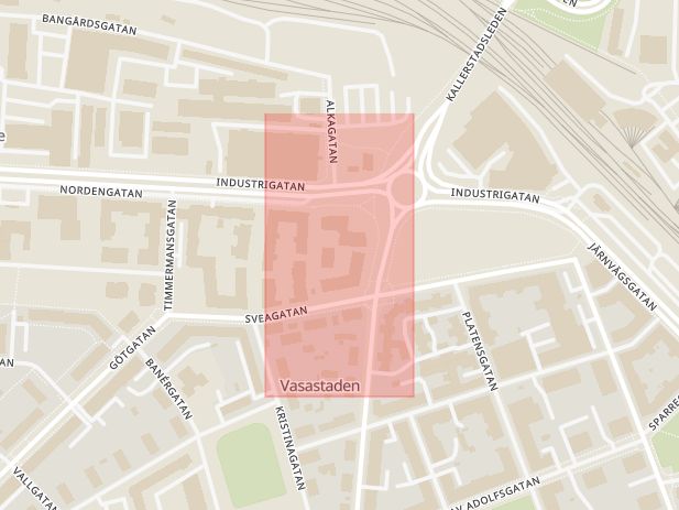 Karta som med röd fyrkant ramar in Thorells Gata, Linköping, Östergötlands län