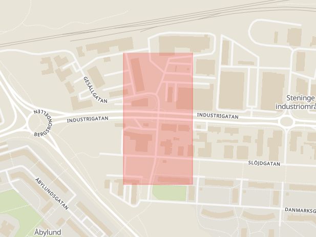 Karta som med röd fyrkant ramar in Industrigatan, Gesällgatan, Linköping, Östergötlands län