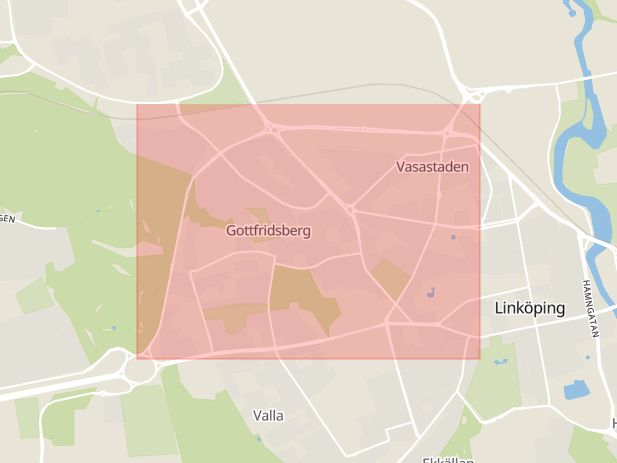 Karta som med röd fyrkant ramar in Vallarondellen, Industrigatan, Linköping, Östergötlands län