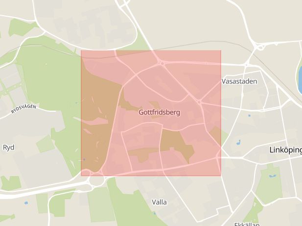 Karta som med röd fyrkant ramar in Gottfridsberg, Linköping, Östergötlands län
