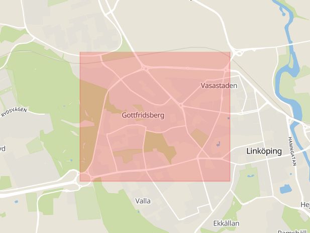Karta som med röd fyrkant ramar in Östergötland, Industrigatan, Linköping, Marstadsvägen, Motala, Östergötlands län