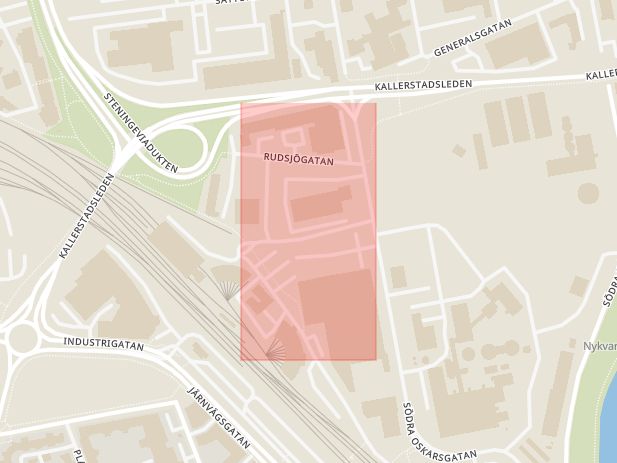 Karta som med röd fyrkant ramar in Tornby, Lokstallsgatan, Linköping, Östergötlands län