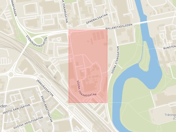 Karta som med röd fyrkant ramar in Södra Oskarsgatan, Linköping, Östergötlands län