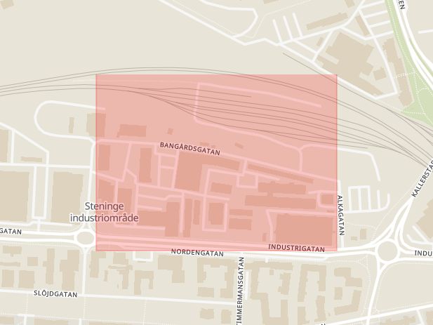 Karta som med röd fyrkant ramar in Bangårdsgatan, Linköping, Östergötlands län