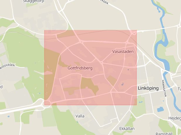 Karta som med röd fyrkant ramar in Östergötland, Industrigatan, Linköping, Resecentrum, Vadstena, Östergötlands län