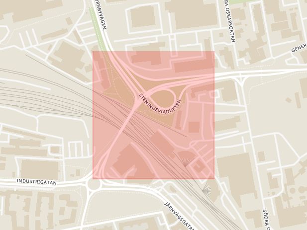 Karta som med röd fyrkant ramar in Steningeviadukten, Linköping, Östergötlands län