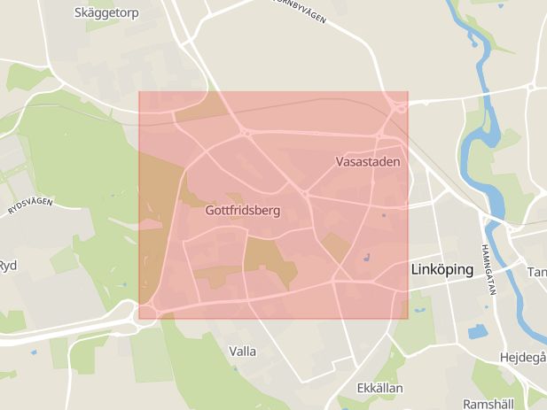 Karta som med röd fyrkant ramar in Industrigatan, Linköping, Tellbovägen, Viberga, Finspång, Skördevägen, Mjölby, Östergötlands län