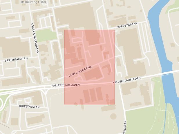 Karta som med röd fyrkant ramar in Generalsgatan, Linköping, Östergötlands län