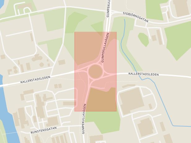 Karta som med röd fyrkant ramar in Gumpekullarondellen, Linköping, Östergötlands län