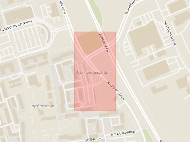 Karta som med röd fyrkant ramar in Nämndemansgården, Skäggetorp, Linköping, Östergötlands län
