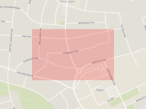 Karta som med röd fyrkant ramar in Skaraborg, Högåsgatan, Tibro, Västra Götalands län