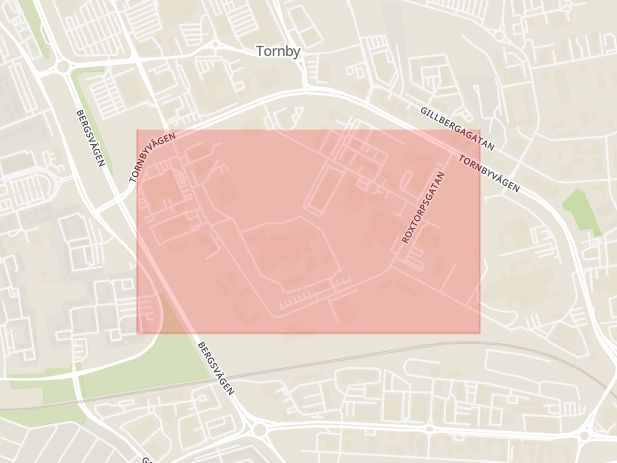 Karta som med röd fyrkant ramar in Roxtorpsgatan, Tornby, Tift, Linköping, Östergötlands län