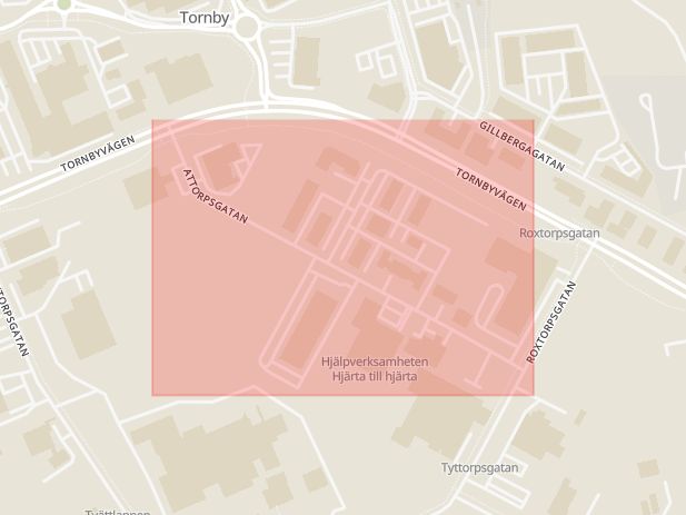 Karta som med röd fyrkant ramar in Attorpsgatan, Linköping, Östergötlands län