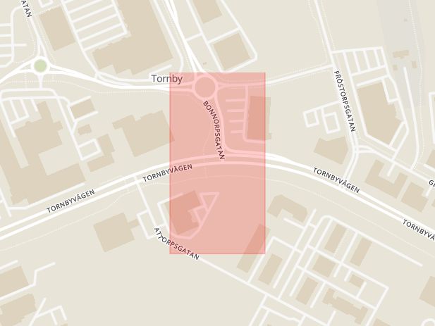 Karta som med röd fyrkant ramar in Tornby, Tornbyvägen, Bonnorpsgatan, Linköping, Östergötlands län