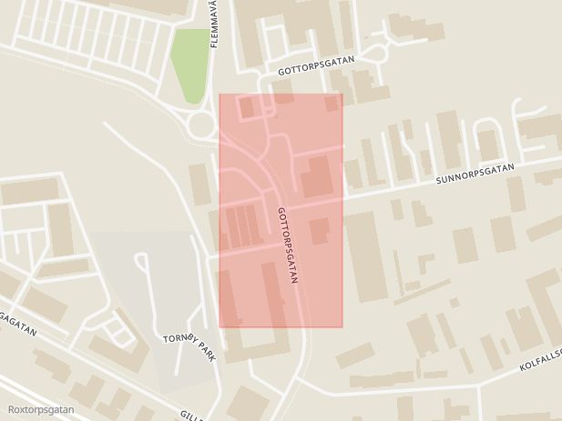 Karta som med röd fyrkant ramar in Gottorpsgatan, Sunnorpsgatan, Örebro Län, Linköping, Östergötlands län