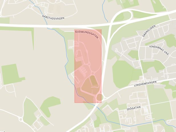 Karta som med röd fyrkant ramar in Mörtlösa, Tjälvegatan, Linköping, Östergötlands län
