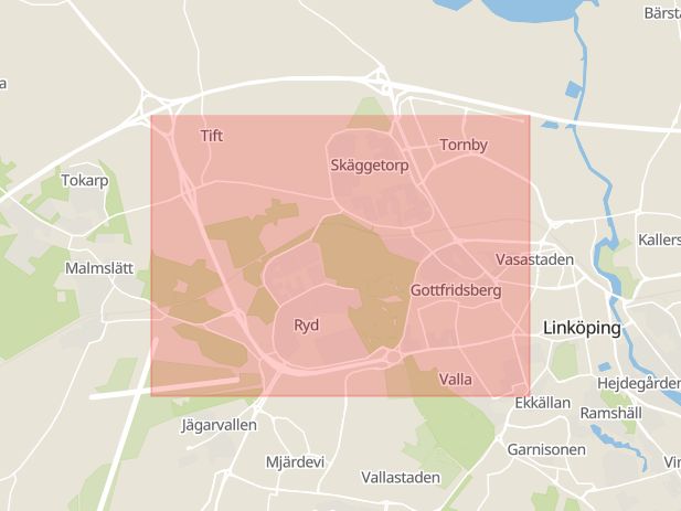 Karta som med röd fyrkant ramar in Östergötland, Malmslättsvägen, Linköping, Vrinnevisjukhuset, Östergötlands län