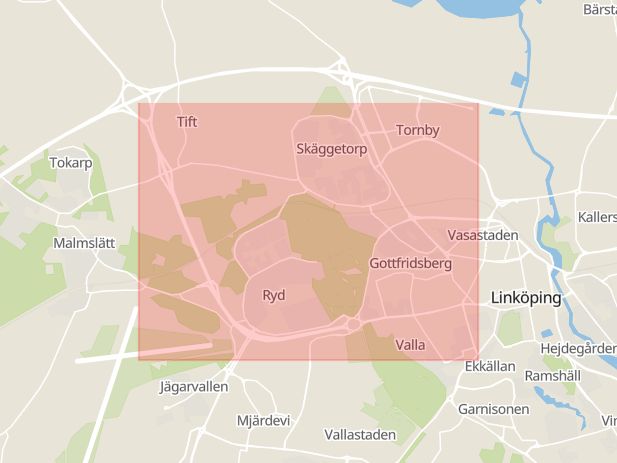 Karta som med röd fyrkant ramar in Malmslättsvägen, Tift, Linköping, Östergötlands län