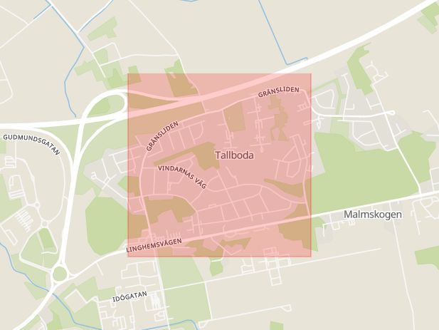 Karta som med röd fyrkant ramar in Gränsliden, Tallboda, Linköping, Östergötlands län