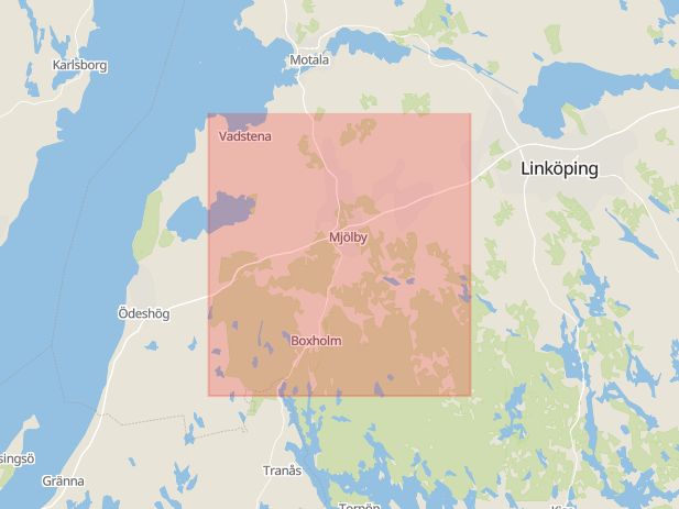 Karta som med röd fyrkant ramar in Östergötland, Mjölby Kommun, Strandvägen, Krokek, Norrköping, Pressaregatan, Hageby, Östergötlands län