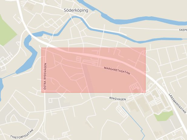 Karta som med röd fyrkant ramar in Margaretagatan, Söderköping, Östergötlands län