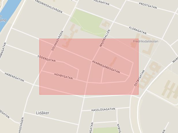 Karta som med röd fyrkant ramar in Hovbygatan, Lidköping, Västra Götalands län