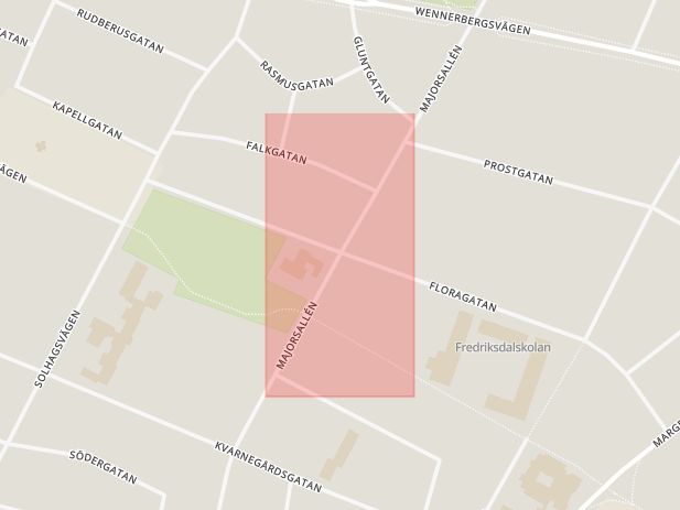 Karta som med röd fyrkant ramar in Floragatan, Majorsallén, Gamla Staden, Lidköping, Västra Götalands län