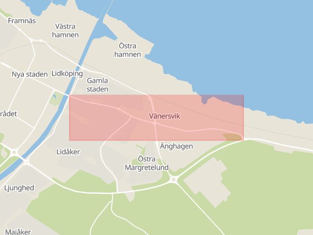 Karta som med röd fyrkant ramar in Wennerbergsvägen, Lidköping, Västra Götalands län