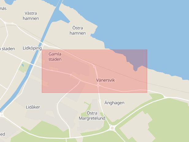 Karta som med röd fyrkant ramar in Skaragatan, Lidköping, Västra Götalands län
