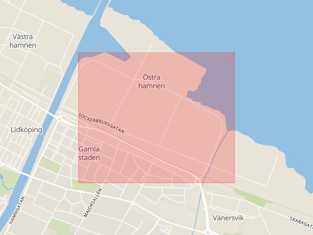 Karta som med röd fyrkant ramar in Jungmansgatan, Fabriken, Lidköping, Västra Götalands län