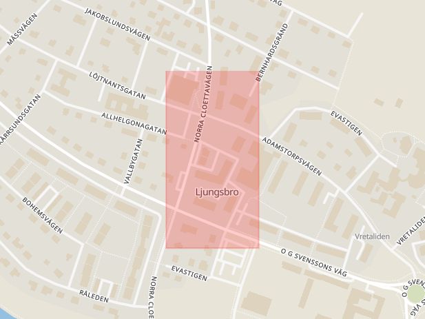 Karta som med röd fyrkant ramar in Centralplan, Ljungsbro, Linköping, Östergötlands län
