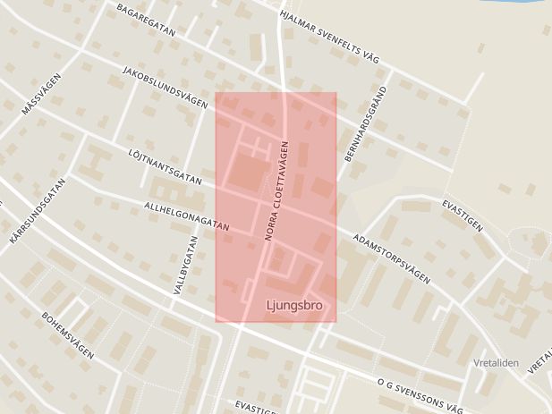 Karta som med röd fyrkant ramar in Ljungsbro, Löjtnantsgatan, Norra Cloettavägen, Linköping, Östergötlands län