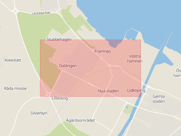 Karta som med röd fyrkant ramar in Borås, Allégatan, Lidköping, Stenportsgatan, Västra Götalands län