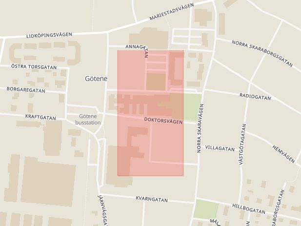 Karta som med röd fyrkant ramar in Järnvägsgatan, Vårdcentralen, Götene, Västra Götalands län