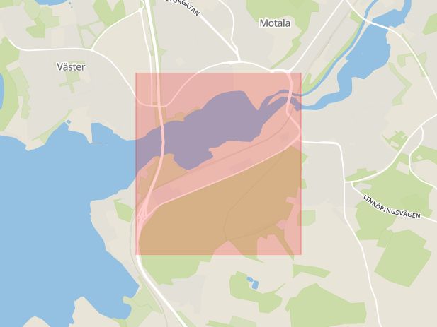 Karta som med röd fyrkant ramar in Vadstenavägen, Motala, Östergötlands län