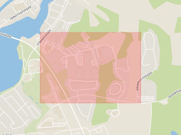 Karta som med röd fyrkant ramar in Lustigkullevägen, Motala, Östergötlands län