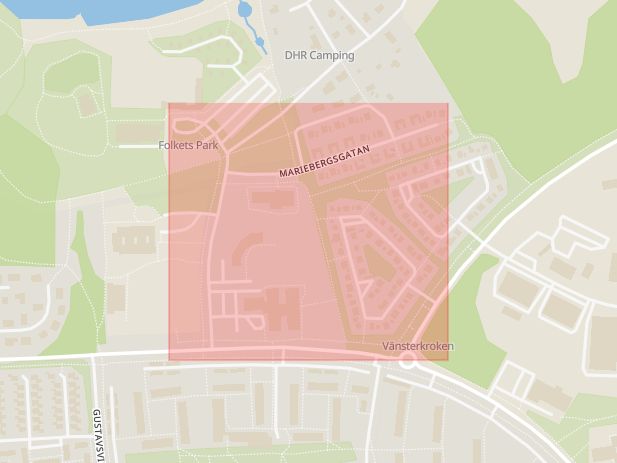 Karta som med röd fyrkant ramar in Mariebergsgatan, Motala, Östergötlands län