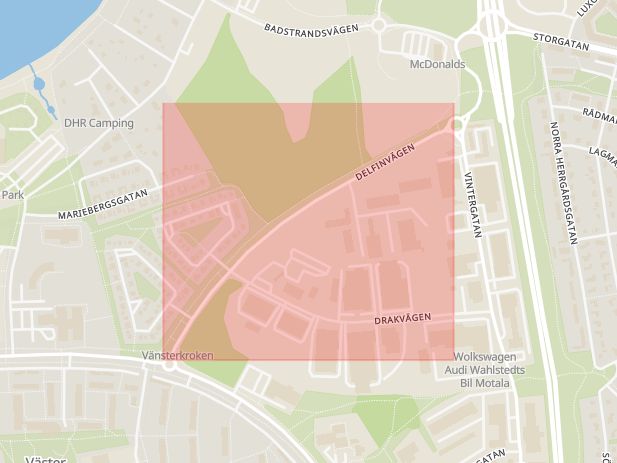 Karta som med röd fyrkant ramar in Delfinvägen, Motala, Östergötlands län