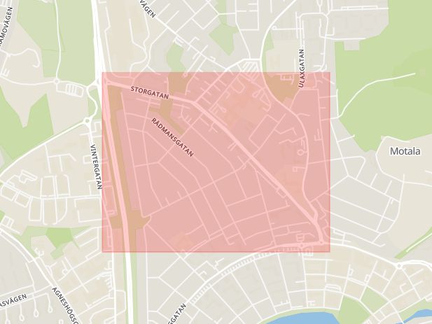 Karta som med röd fyrkant ramar in Östergötland, Herrbeta, Linköping, Slottsgatan, Norrköping, Storgatan, Motala, Östergötlands län