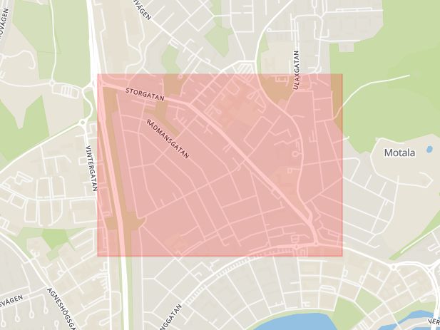 Karta som med röd fyrkant ramar in Östergötland, Storgatan, Motala, Götgatan, Linköping, Östergötlands län