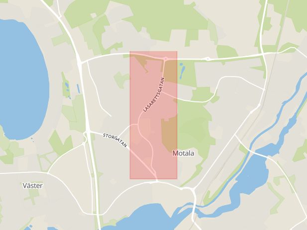 Karta som med röd fyrkant ramar in Lasarettsgatan, Motala, Östergötlands län