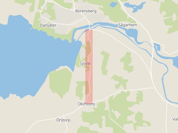 Karta som med röd fyrkant ramar in Borensberg, Skänningevägen, Motala, Östergötlands län