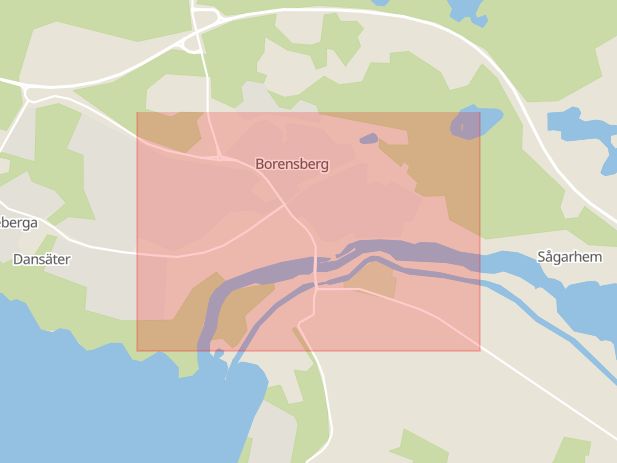 Karta som med röd fyrkant ramar in Östergötland, Borensberg, Östra Promenaden, Norrköping, Badhusgatan, Linköping, Östergötlands län