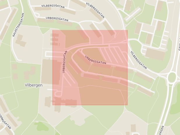 Karta som med röd fyrkant ramar in Östergötland, Urbergsgatan, Norrköping, Skarphagsgatan, Östergötlands län