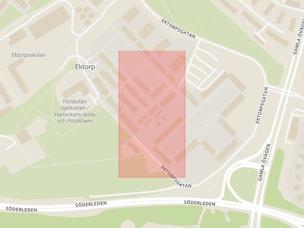 Karta som med röd fyrkant ramar in Ektorp, Stafettgatan, Idrottsgatan, Norrköping, Östergötlands län