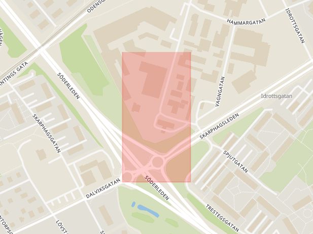 Karta som med röd fyrkant ramar in Gamla Lasarettsgatan, Skarphagsleden, Norrköping, Östergötlands län