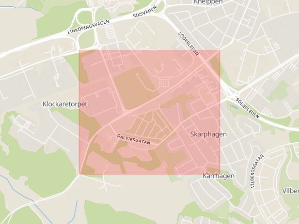 Karta som med röd fyrkant ramar in Skarphagen, Hjalmar Brantings Gata, Norrköping, Östergötlands län